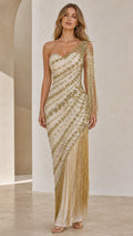 One-Shoulder Beaded Fringe Evening Gown
