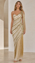 One-Shoulder Beaded Fringe Evening Gown
