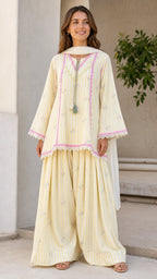 Women's Ethnic Striped Kurti with Sharara and Dupatta Set