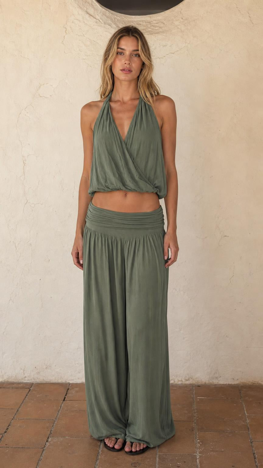 Women's Halter Crop Top and Wide Leg Pants Two-Piece Set