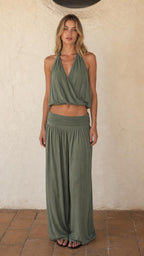 Women's Halter Crop Top and Wide Leg Pants Two-Piece Set