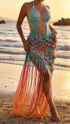 Beaded Cutout Fringe Maxi Dress with Halter Neck and High Slit