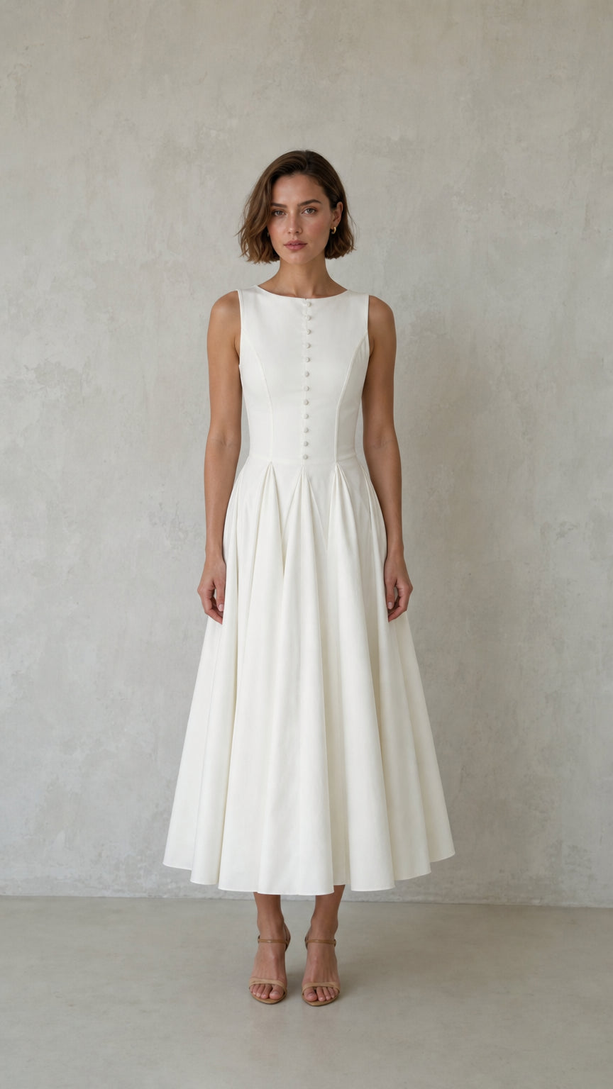 Elegance Sleeveless Pleated Midi Dress with Button Details