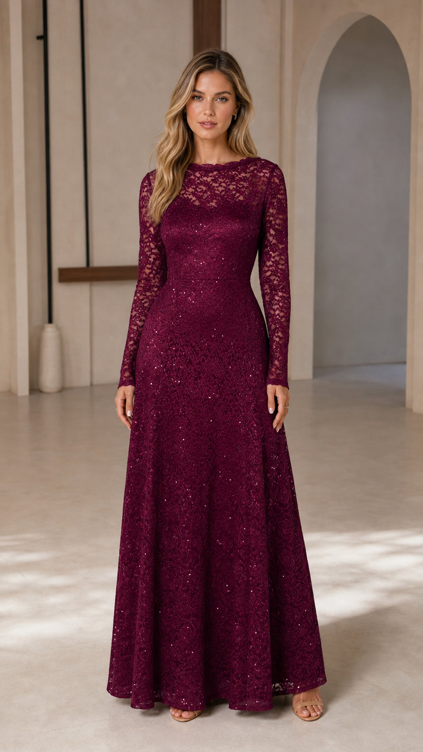 Women's Long-Sleeve Sequin Lace Evening Gown