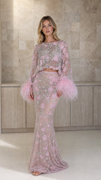 Embellished Two-Piece Feather Trim Crop Top and Maxi Skirt Set