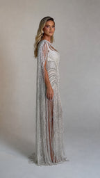 Luminous Beaded Fringe Cape Evening Gown