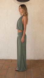 Women's Halter Crop Top and Wide Leg Pants Two-Piece Set