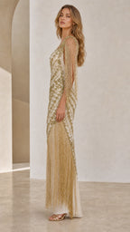 One-Shoulder Beaded Fringe Evening Gown