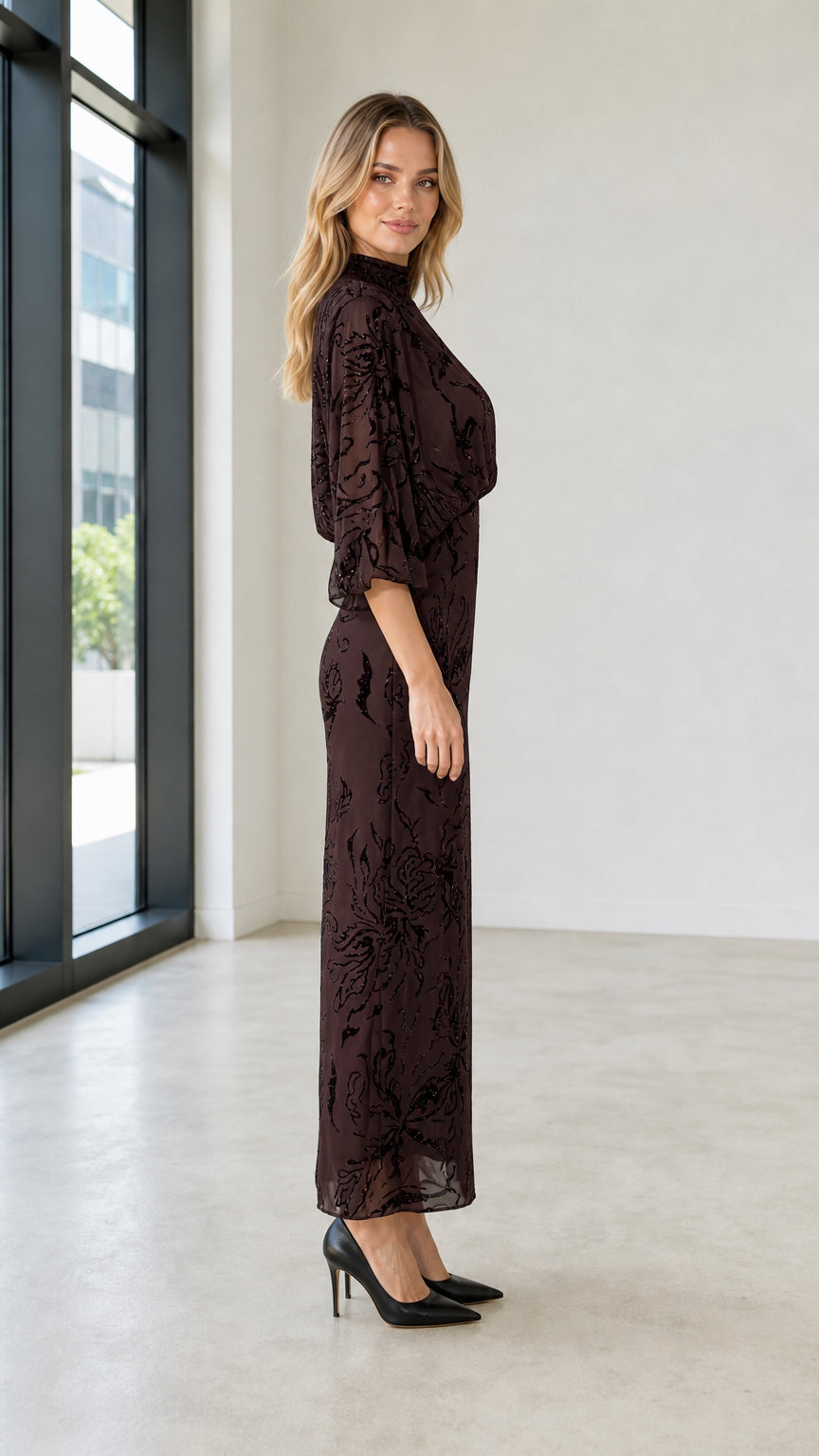 Elegant Mock Neck Sequin Floral Maxi Dress