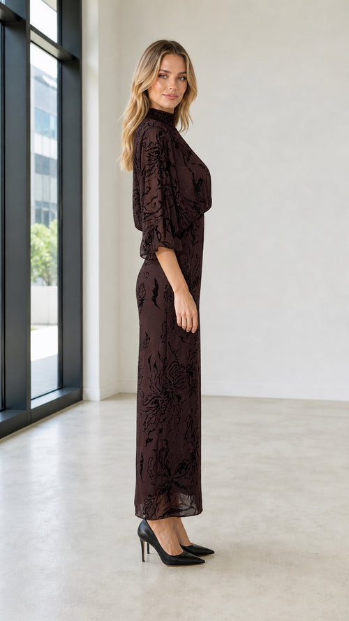 Elegant Mock Neck Sequin Floral Maxi Dress