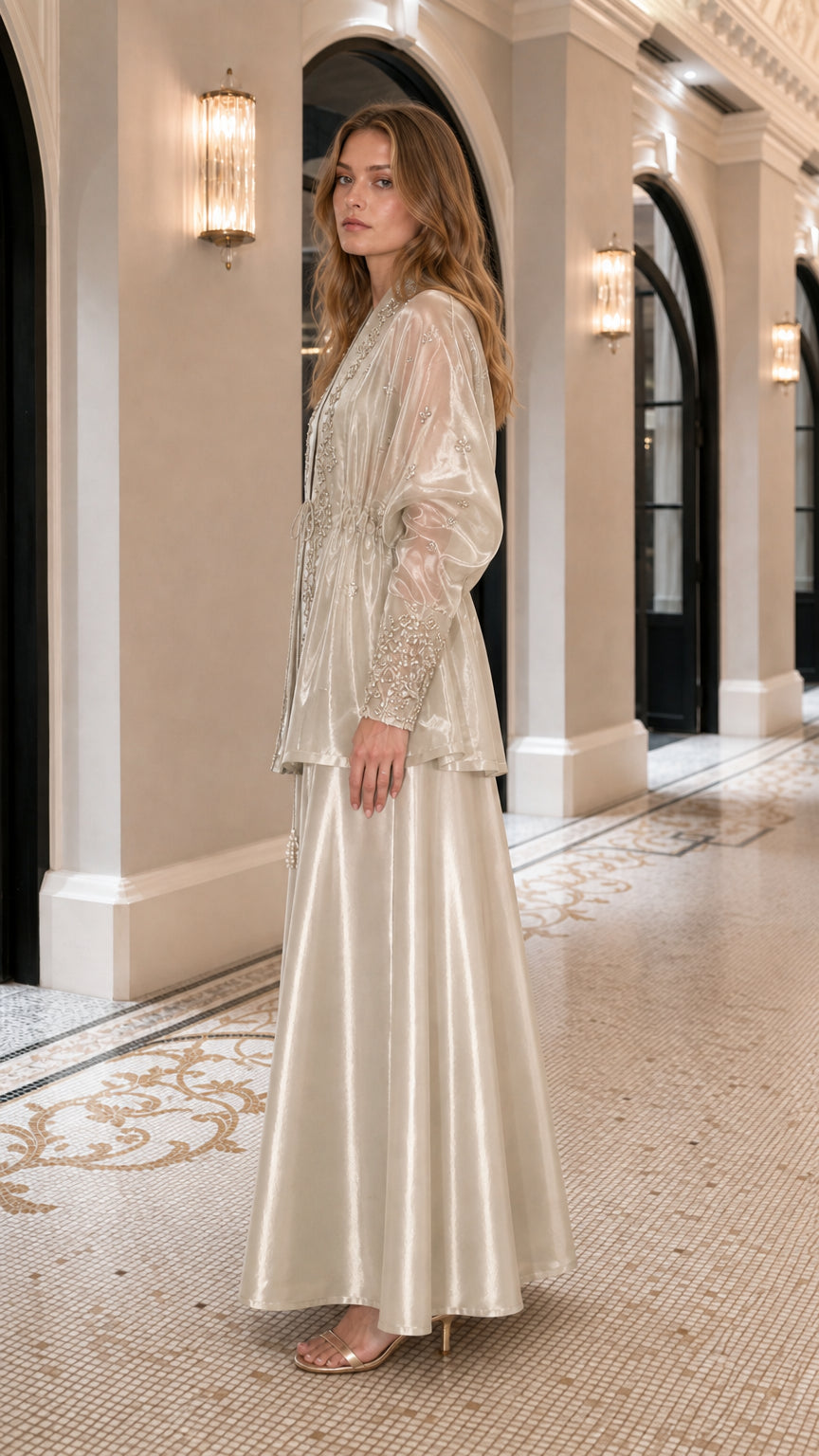 Embroidered Metallic Sheer Overcoat and Wide-Leg Pants Set