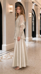 Embroidered Metallic Sheer Overcoat and Wide-Leg Pants Set