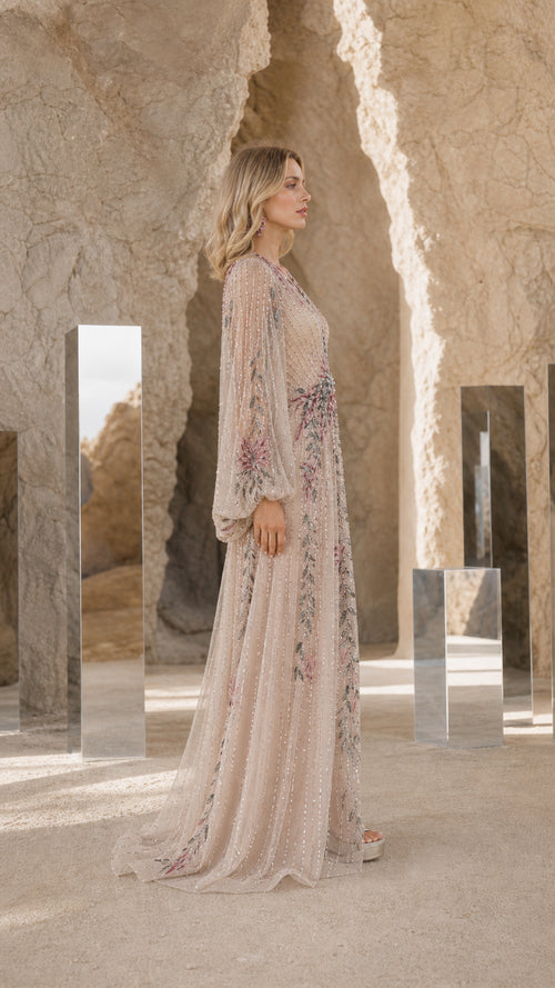 Elegance Embroidered Beaded Long Sleeve Evening Gown