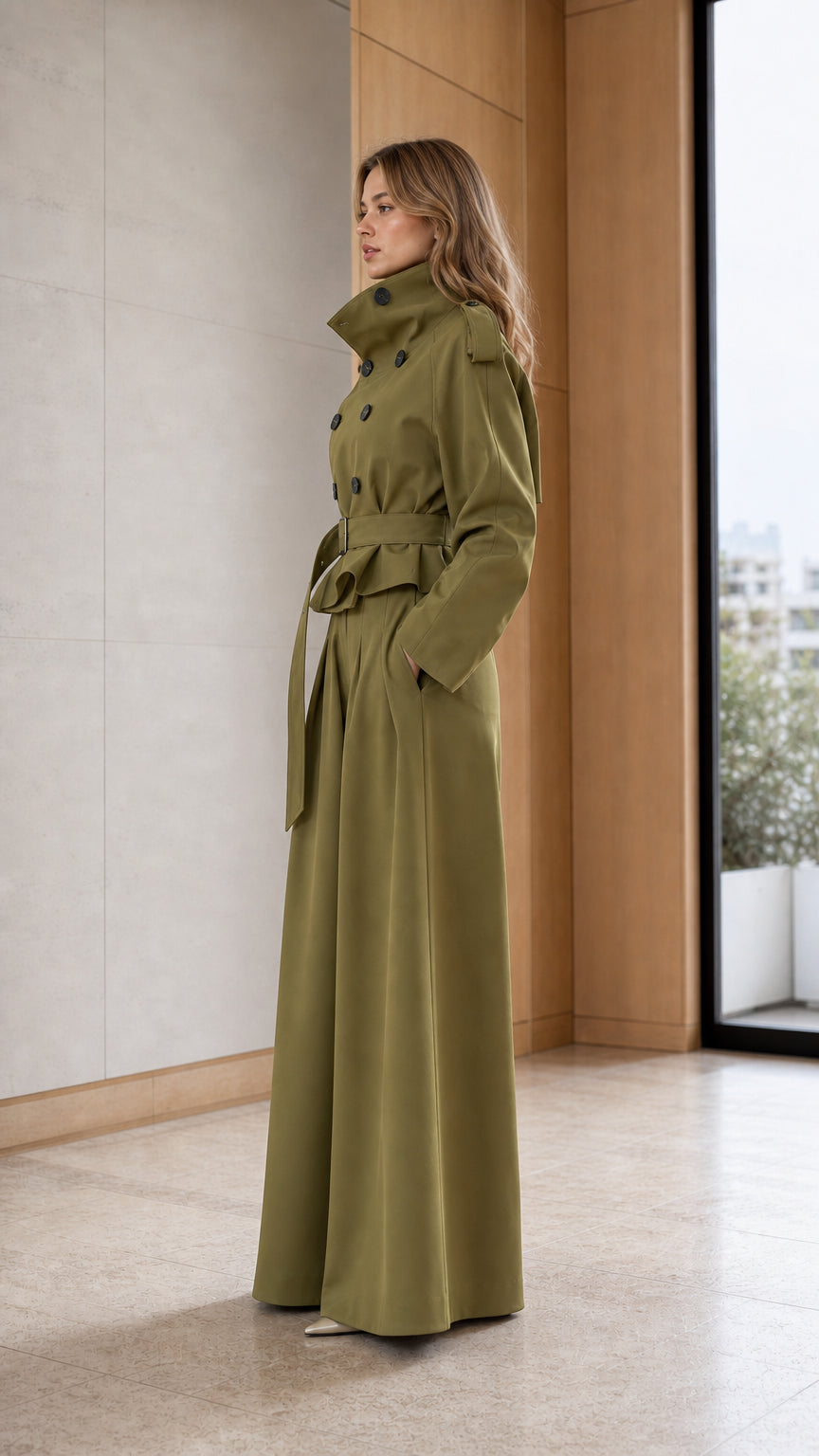 Women's Double-Breasted Trench Jacket and High-Waist Wide-Leg Pants Set