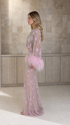 Embellished Two-Piece Feather Trim Crop Top and Maxi Skirt Set