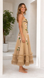 Stunning Embroidered Floral Strapless Midi Dress