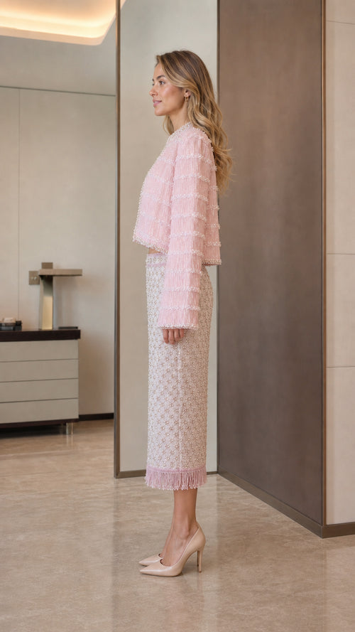 Elegance Tweed Open-Front Crop Jacket & Midi Skirt Set