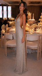 Sparkly Backless Maxi Evening Dress with Deep V Neck