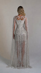 Luminous Beaded Fringe Cape Evening Gown