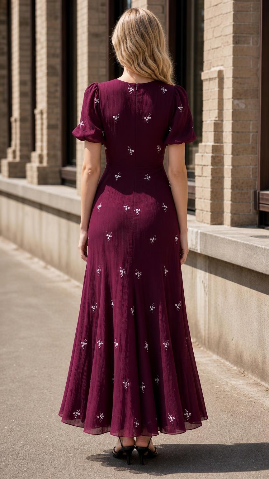 Women's Floral Embroidered Puff Sleeve A-Line Maxi Dress