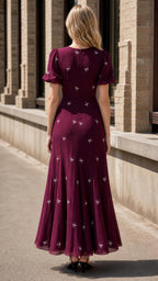 Women's Floral Embroidered Puff Sleeve A-Line Maxi Dress