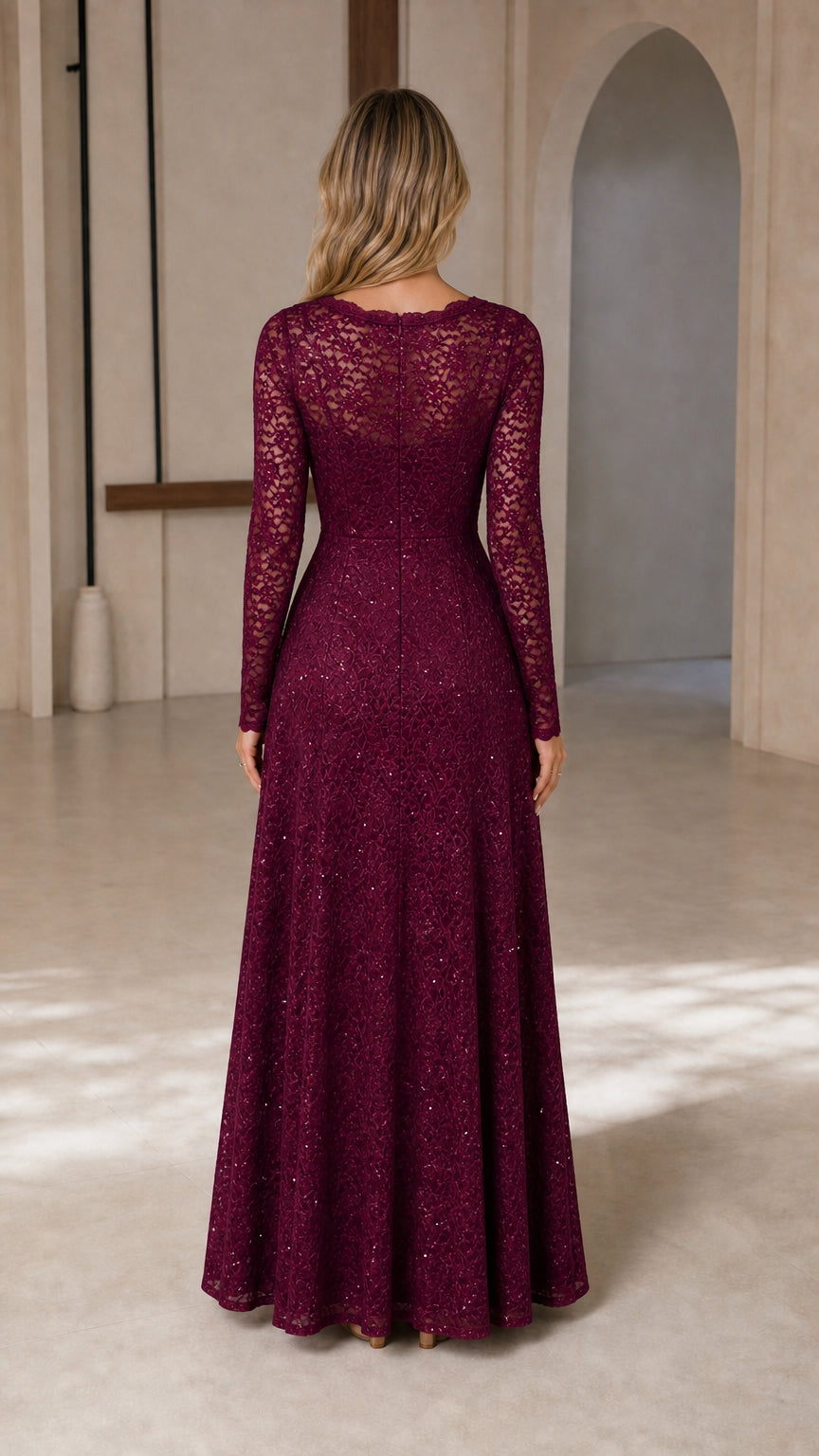 Women's Long-Sleeve Sequin Lace Evening Gown