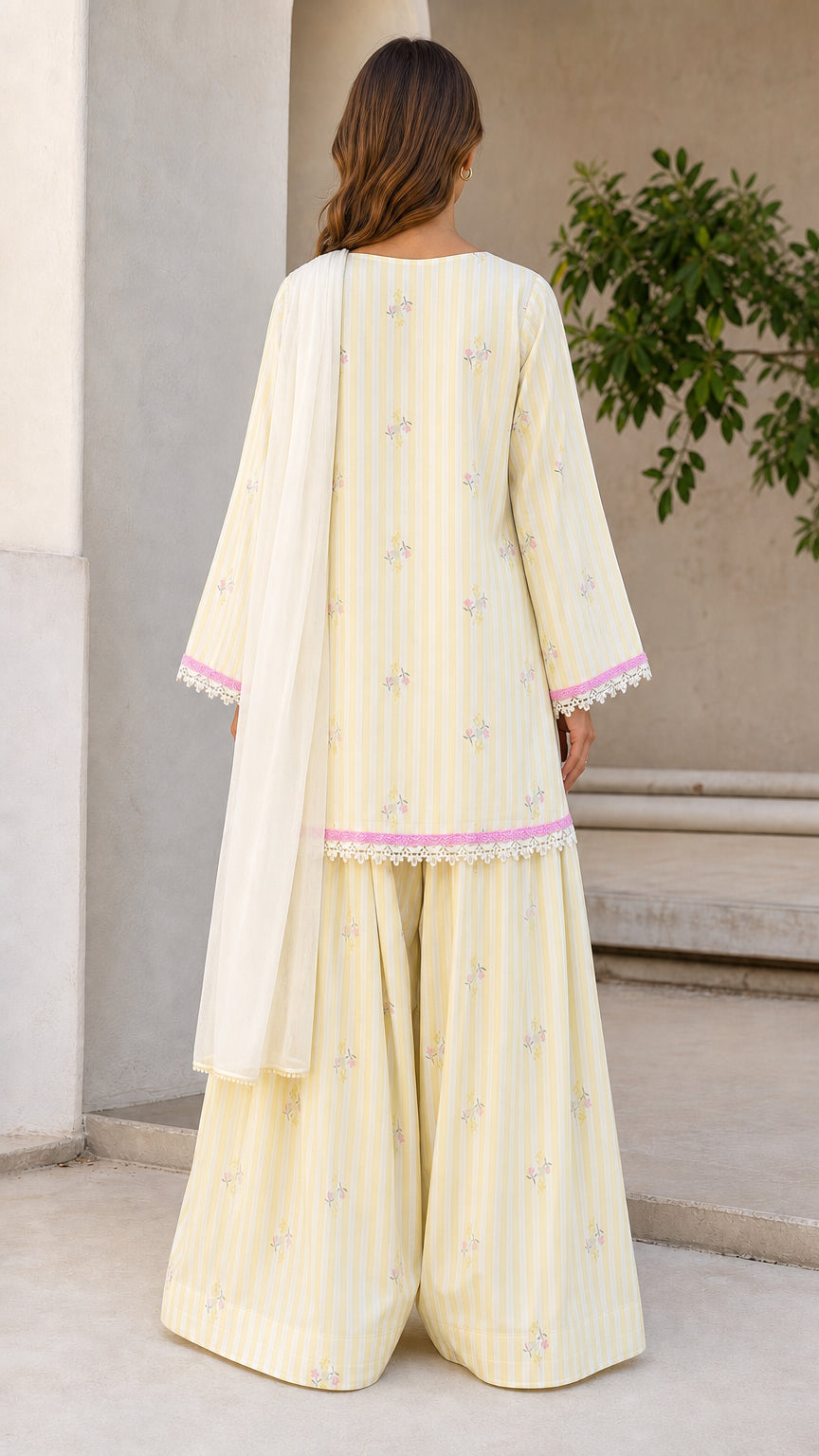 Women's Ethnic Striped Kurti with Sharara and Dupatta Set