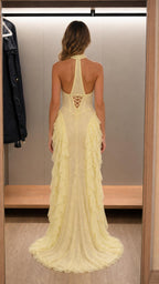 Elegance Halter Neck Beaded Ruffle Maxi Dress
