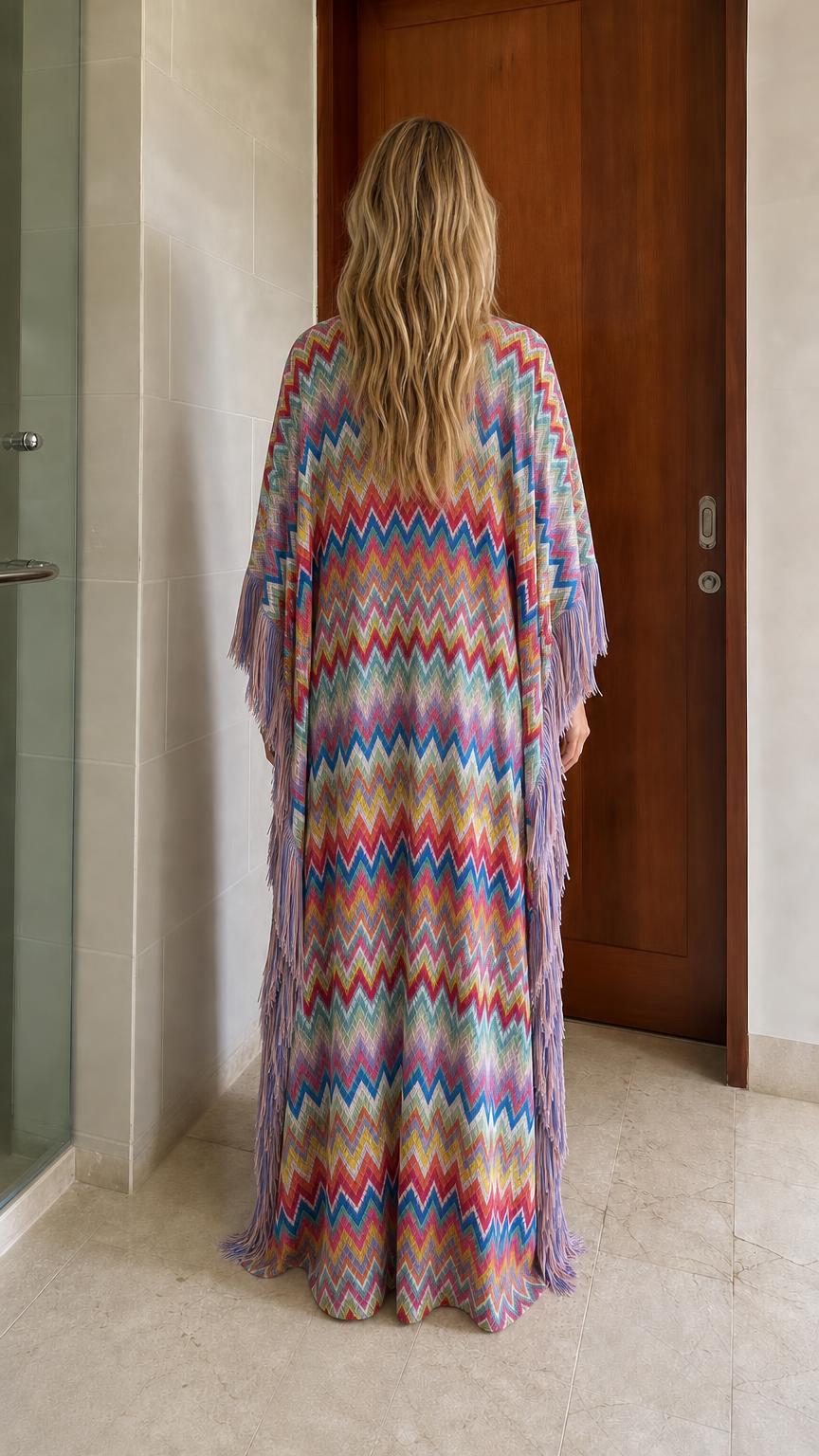 Bohemian Chevron Fringe Maxi Kaftan Dress