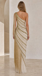 One-Shoulder Beaded Fringe Evening Gown