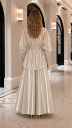 Embroidered Metallic Sheer Overcoat and Wide-Leg Pants Set