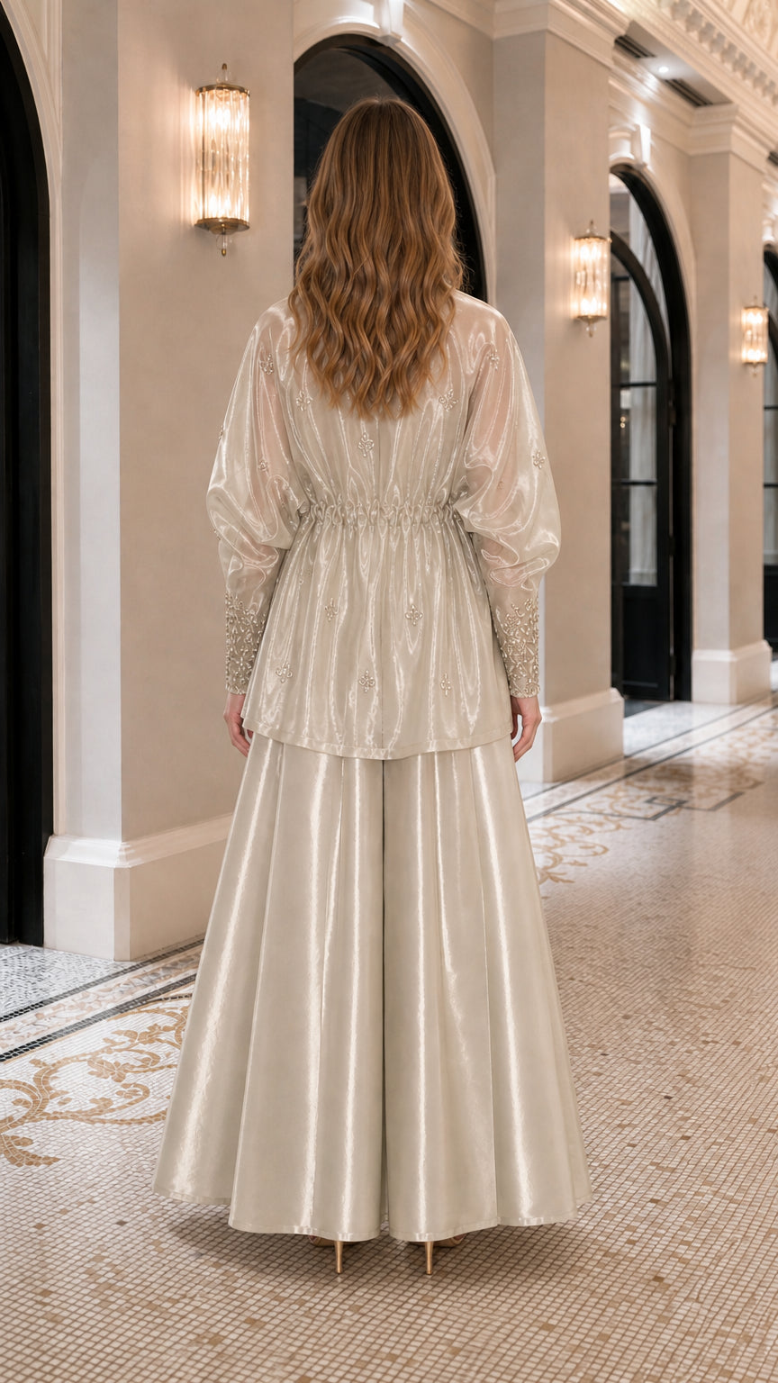 Embroidered Metallic Sheer Overcoat and Wide-Leg Pants Set
