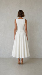 Elegance Sleeveless Pleated Midi Dress with Button Details