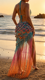 Beaded Cutout Fringe Maxi Dress with Halter Neck and High Slit