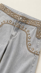 Embellished Low Waist Wide Leg Denim Jeans
