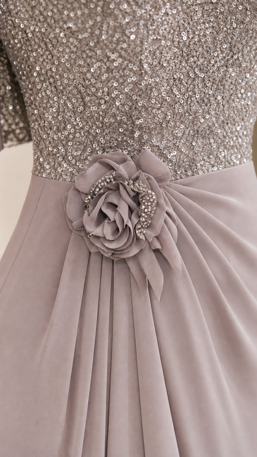 Elegant Sequin V-Neck Flare Sleeve Formal Evening Gown
