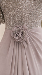 Elegant Sequin V-Neck Flare Sleeve Formal Evening Gown