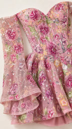 Off-The-Shoulder Floral Embroidered Mini Dress with Bell Sleeves