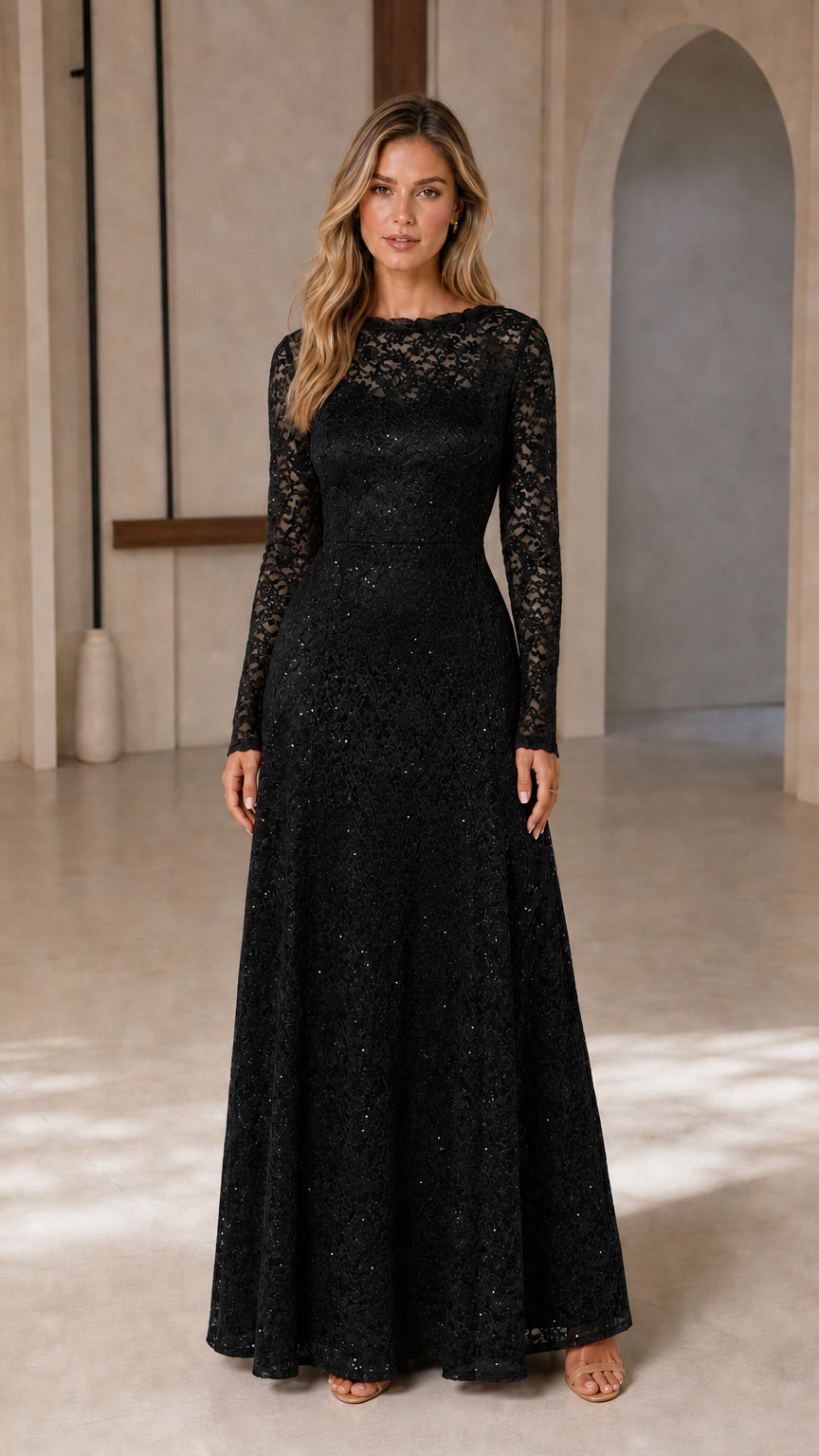 Women's Long-Sleeve Sequin Lace Evening Gown