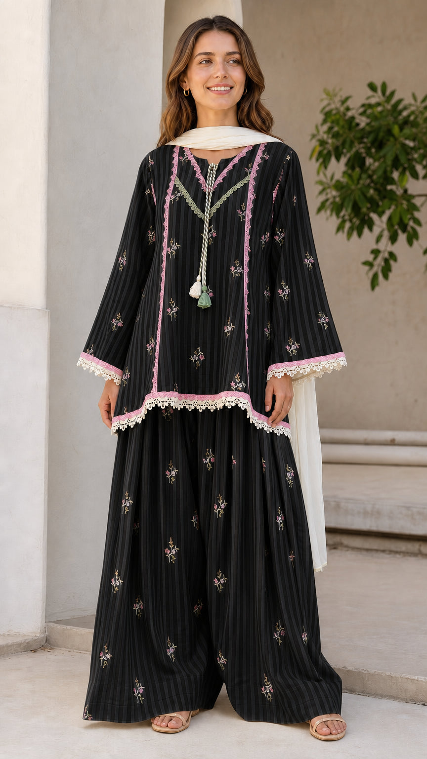 Women's Ethnic Striped Kurti with Sharara and Dupatta Set
