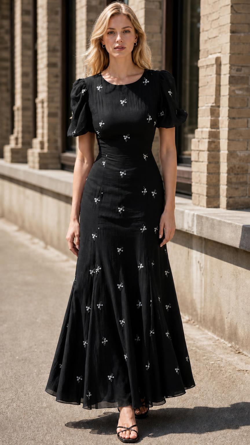 Women's Floral Embroidered Puff Sleeve A-Line Maxi Dress