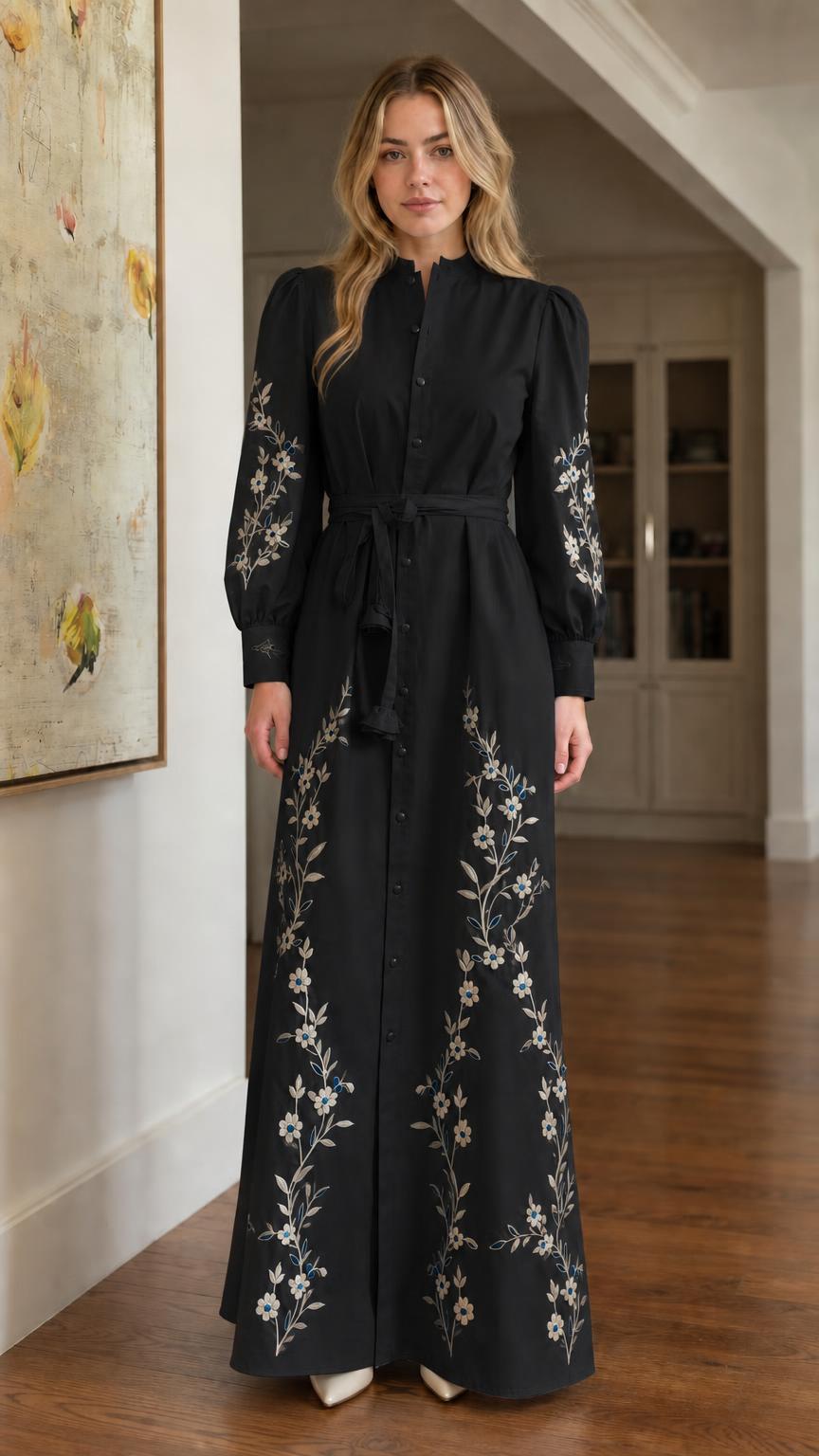 Elegant Floral Embroidered Maxi Shirt Dress with Self-Tie Belt