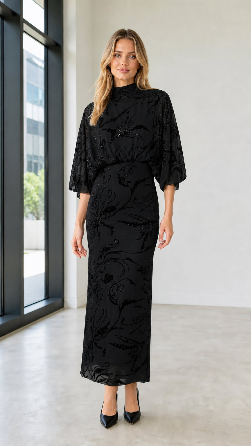 Elegant Mock Neck Sequin Floral Maxi Dress