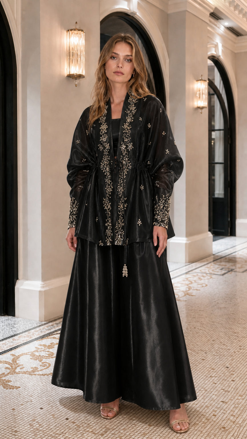 Embroidered Metallic Sheer Overcoat and Wide-Leg Pants Set