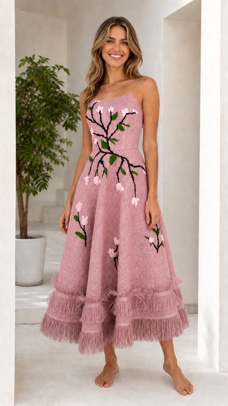 Stunning Embroidered Floral Strapless Midi Dress
