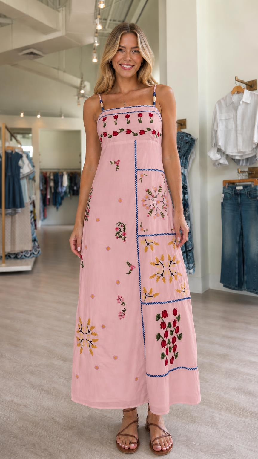 Women's Floral Embroidered Patchwork Spaghetti Strap Maxi Dress