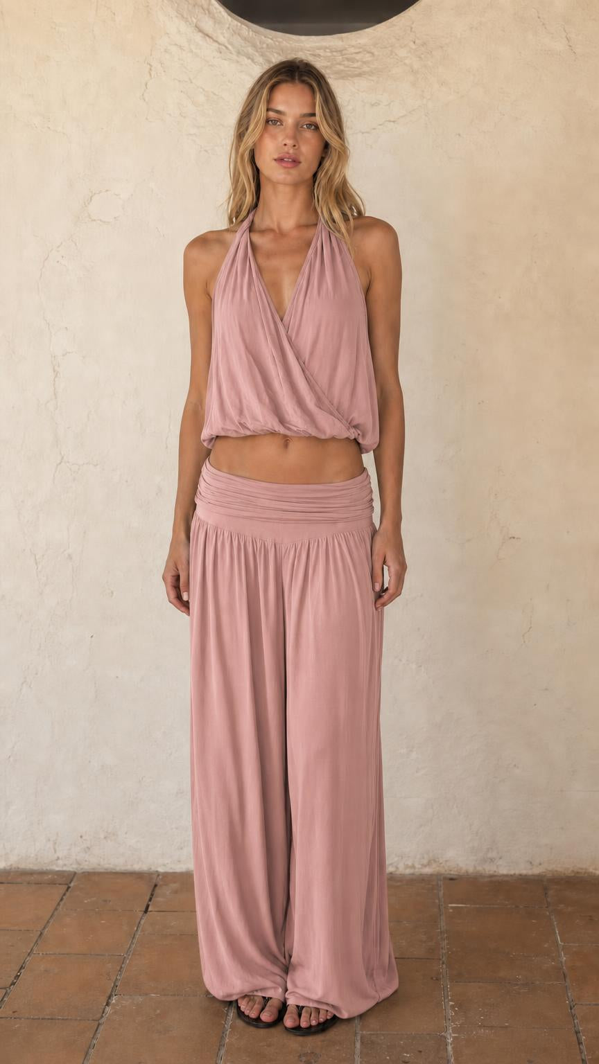 Women's Halter Crop Top and Wide Leg Pants Two-Piece Set