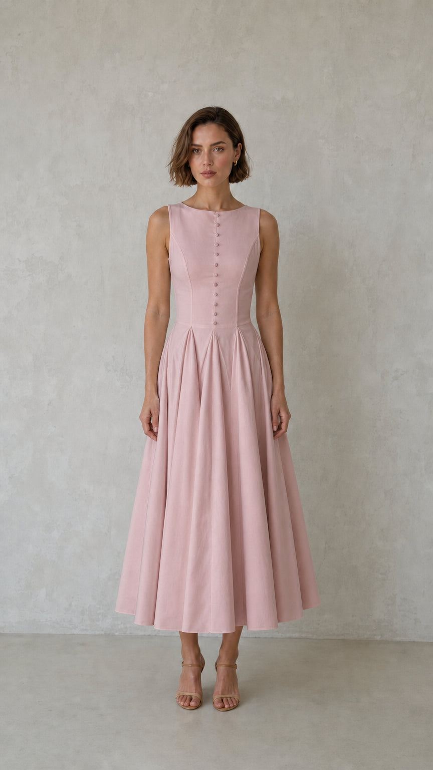 Elegance Sleeveless Pleated Midi Dress with Button Details