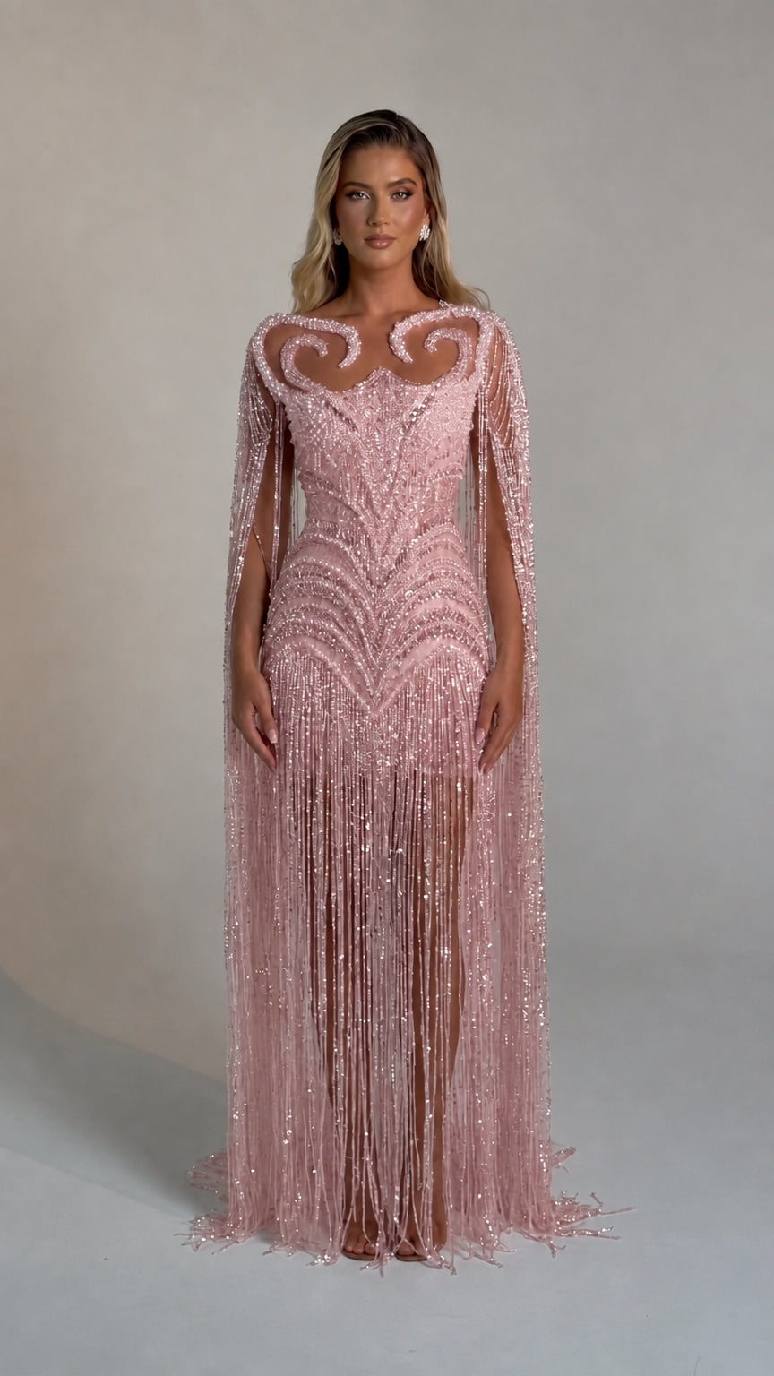 Luminous Beaded Fringe Cape Evening Gown