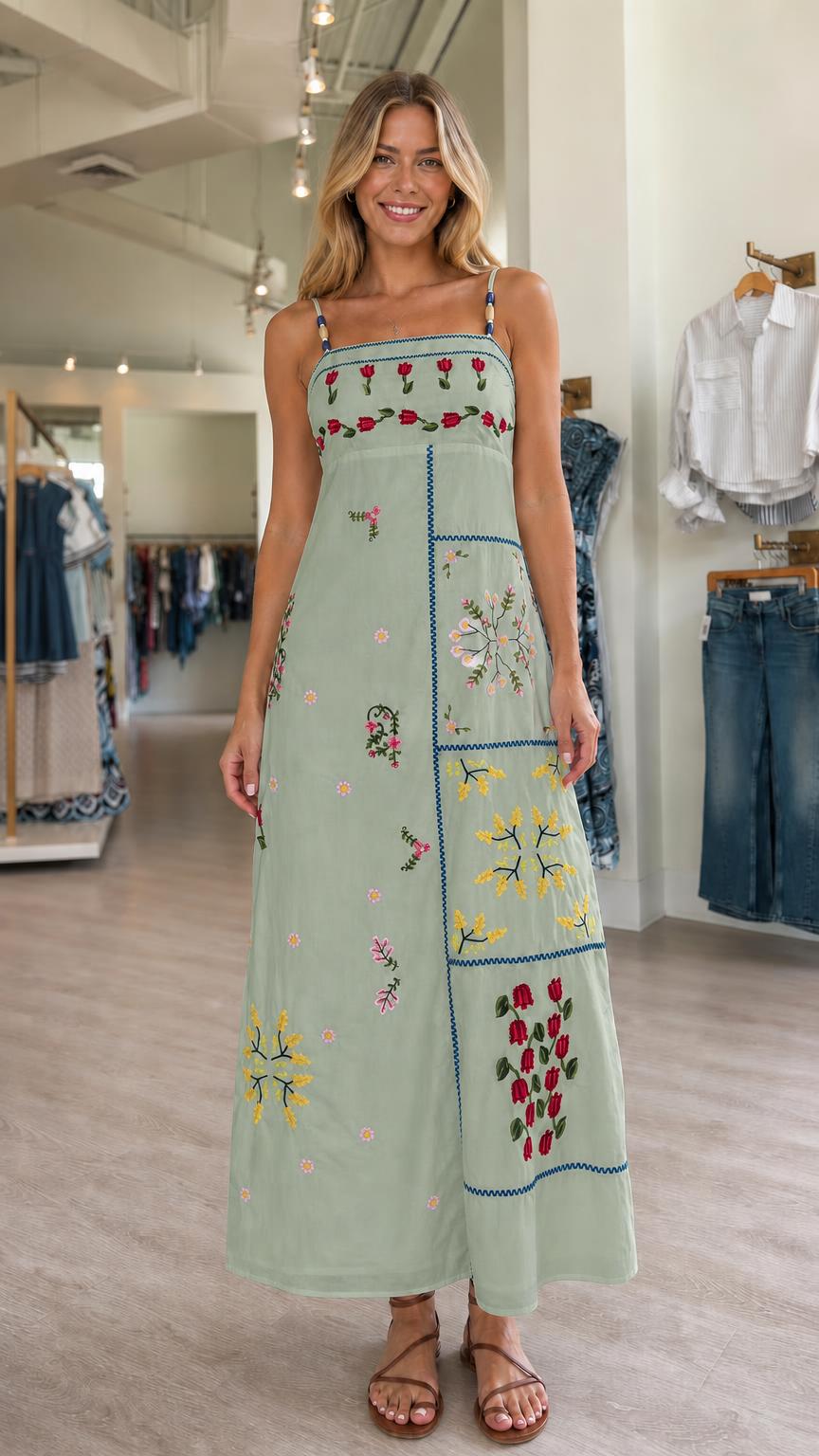 Women's Floral Embroidered Patchwork Spaghetti Strap Maxi Dress